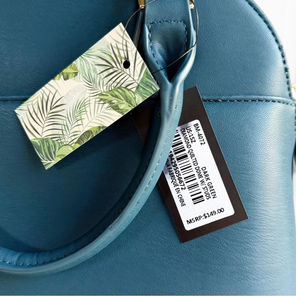 NWT Badgley Mischka Diamond Quilted Dome Satchel – Dark Green Teal Studded - Picture 9 of 14